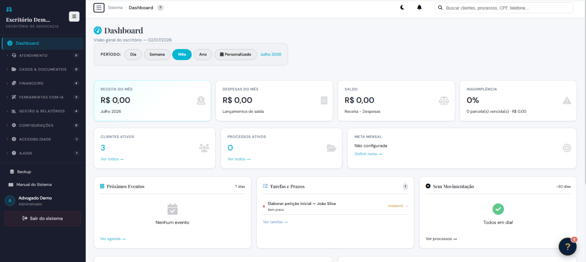 Painel do sistema jurídico AdvSmart com dashboard completo