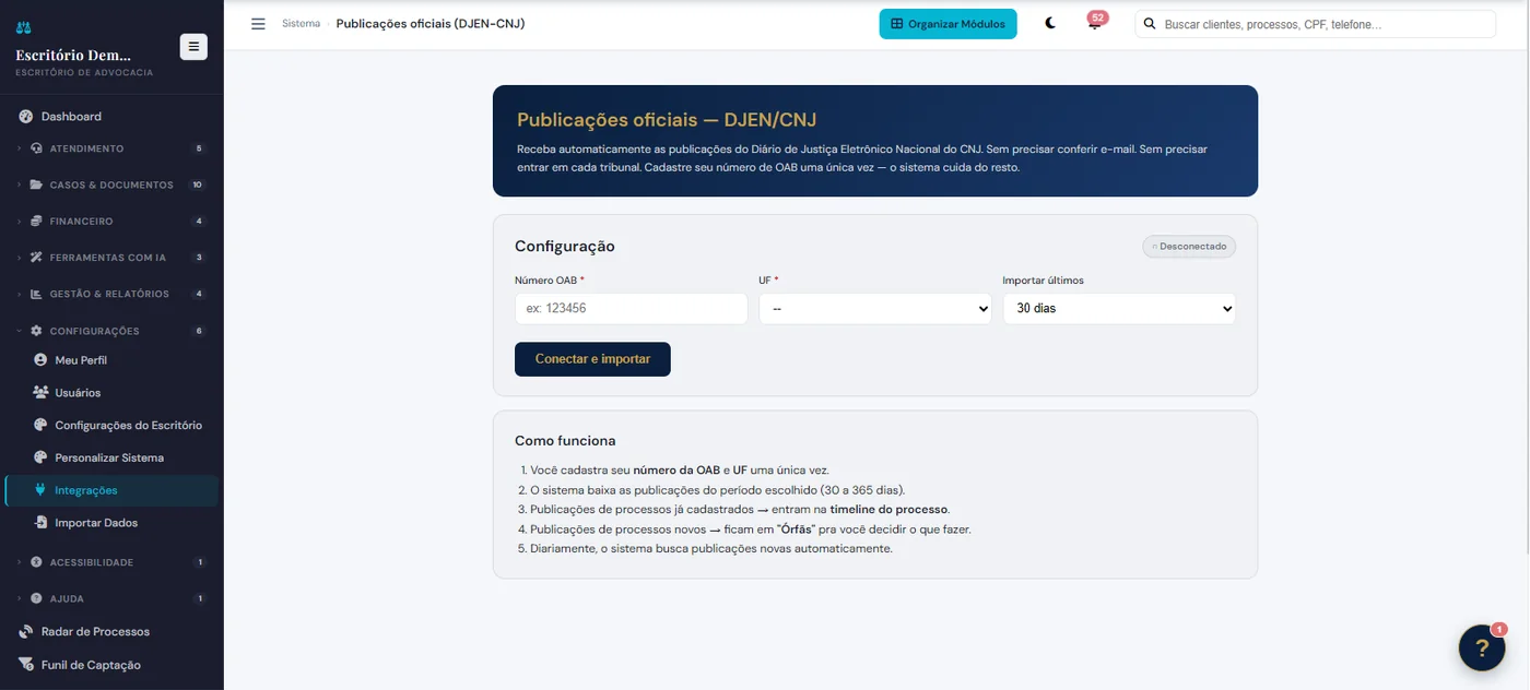 Tela do AdvSmart: Publicações DJEN