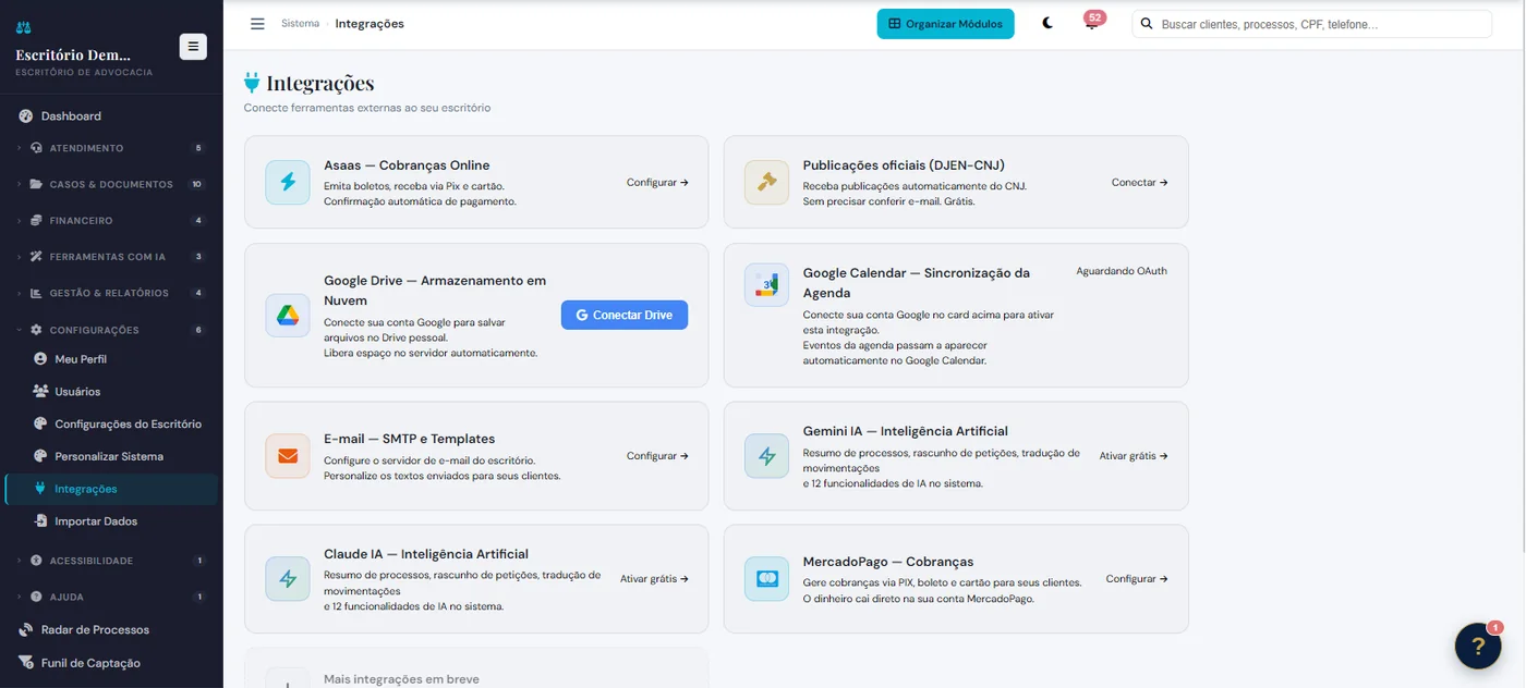 Tela do AdvSmart: Integrações
