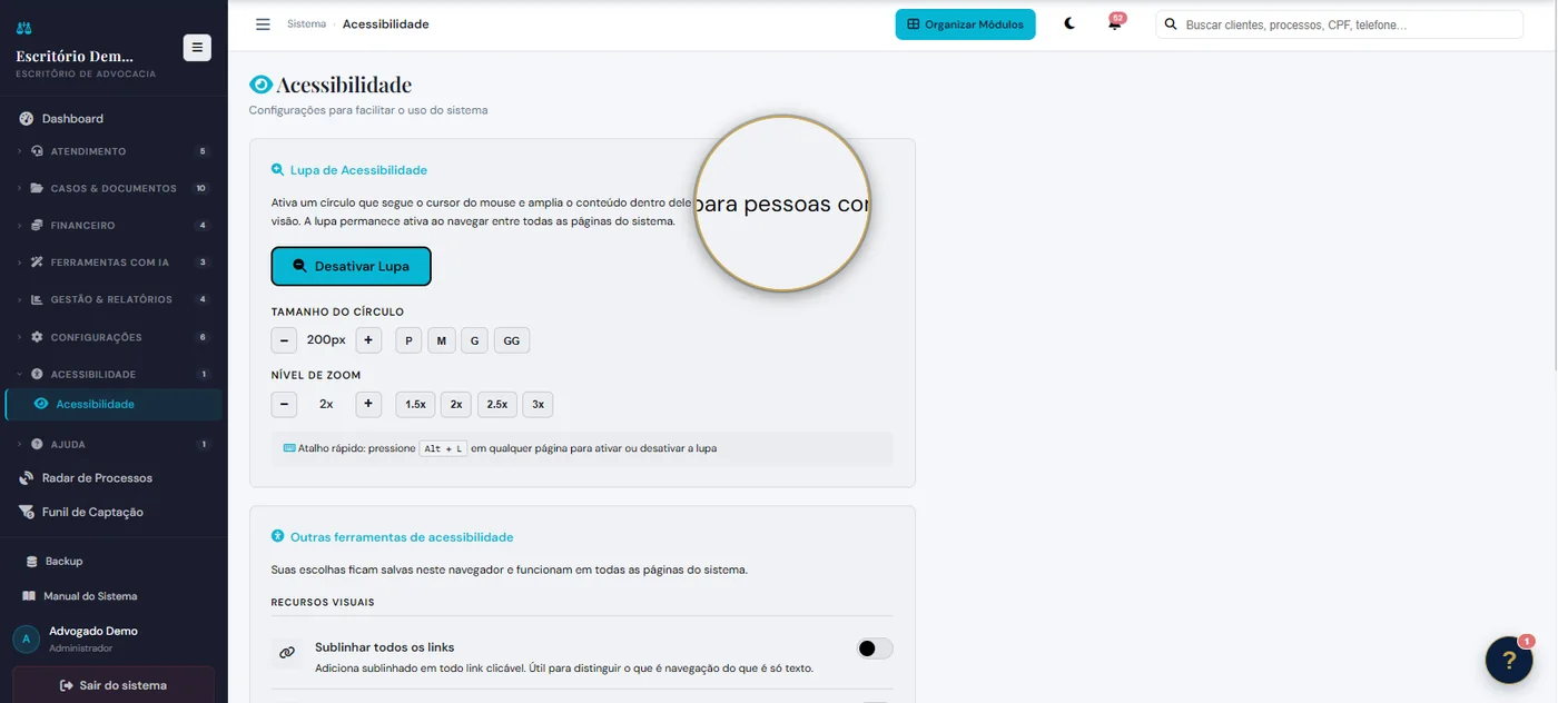 Tela do AdvSmart: Acessibilidade