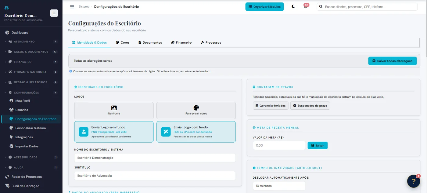 Tela do AdvSmart: Sua marca no sistema